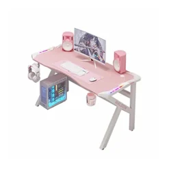 Haoo E-sports Game Table, Girl Pink Home Ergonomic Modern Minimalist Style Notebook Computer Study Table, Home Table, Large Monitor Stand Table (Pink K Leg With RGB Light,60 * 80)