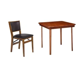 MECO STAKMORE Retro Upholstered Back Folding Chair Fruitwood Finish, Set Of 2 & STAKMORE Straight Edge 32" Square Folding Card Table, Cherry Finish