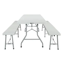 Office Star Resin Furniture For Indoor Or Outdoor Use, 3-Piece Set, 2 Folding Benches And 6 Foot Table