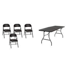 Cosco Vinyl 4-Pack Folding Chair, Black & Cosco Deluxe 6 Foot X 30 Inch Fold-in-Half Blow Molded Folding Table, Black