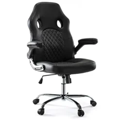 Gaming Chair - Ergonomic Office Chair Desk Chair With Flip-up Armrests And Lumbar Support PU Leather Executive Mid Back Computer Chair For Adults Black
