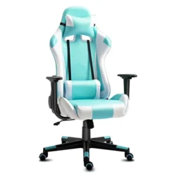 High-Back Swivel Gaming Chair Recliner With Lumbar Support And Headrest, Height Adjustable Ergonomic Office Desk Chair, Blue White