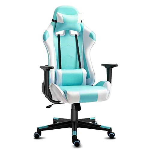 High-Back Swivel Gaming Chair Recliner With Lumbar Support And Headrest, Height Adjustable Ergonomic Office Desk Chair, Blue White 1 High-Back Swivel Gaming Chair Recliner With Lumbar Support And Headrest, Height Adjustable Ergonomic Office Desk Chair, Blue White
