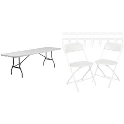 Flash Furniture 8-Foot Bi-Fold Granite White Plastic Banquet And Event Folding Table With Carrying Handle & 10 Pack Hercules Series 650 Lb. Capacity Premium White Plastic Folding Chair