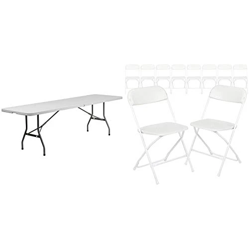 Flash Furniture 8-Foot Bi-Fold Granite White Plastic Banquet And Event Folding Table With Carrying Handle & 10 Pack Hercules Series 650 Lb. Capacity Premium White Plastic Folding Chair 1 Flash Furniture 8-Foot Bi-Fold Granite White Plastic Banquet And Event Folding Table With Carrying Handle & 10 Pack Hercules Series 650 Lb. Capacity Premium White Plastic Folding Chair