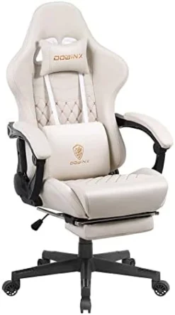 Dowinx Gaming Chair Office Chair PC Chair With Massage Lumbar Support, Vintage Style PU Leather High Back Adjustable Swivel Task Chair With Footrest (Light Grey) -Amazon Basics Furniture Shop 31yq6yoBU2L. AC 1