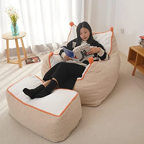 N&V Bean Bag Chair Giant High-Density Foam Filling Sofa With Foot Stool For Teens, Adults To Gaming, Reading, And Watching TV (Light Khaki) 4 N&V Bean Bag Chair Giant High-Density Foam Filling Sofa With Foot Stool For Teens, Adults To Gaming, Reading, And Watching TV (Light Khaki) - Image 4