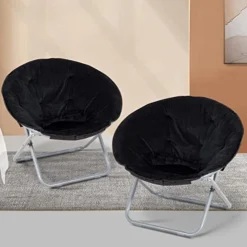 Dkelincs Set Of 2 Folding Saucer Chair, Moon Chair Round Chair Portable Lounge Chairs For Bedroom, Dorm Rooms, Apartments, Living Room, Garden And Courtyard, Black