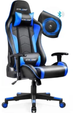 GTRACING Gaming Chair With Speakers Bluetooth Music Video Game Chair Audio Ergonomic Design Heavy Duty Office Computer Desk Chair（Blue）