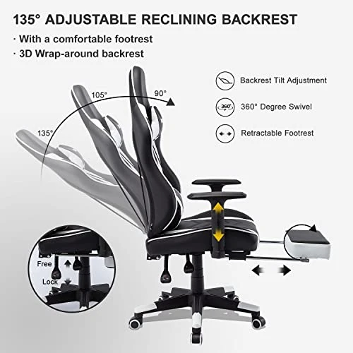 OHAHO Gaming Chair With Footrest Ergonomic Office Chair Adjustable Swivel Leather High Back Computer Desk Chair With Headrest And Lumbar Support (White) 6 OHAHO Gaming Chair With Footrest Ergonomic Office Chair Adjustable Swivel Leather High Back Computer Desk Chair With Headrest And Lumbar Support (White) - Image 6
