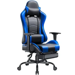 Shahoo Gaming Footrest High Back Esports Computer Racing Chairs Height Adjustable Leather Swivel Ergonomic Seat With Headrest And Lumbar Support, Blue And Black