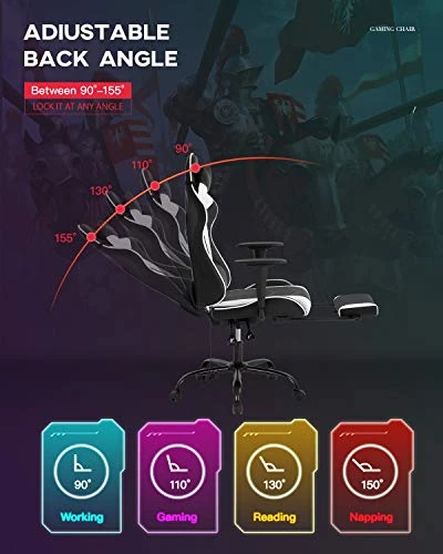 Vnewone Computer Gaming Chair Office PC Ergonomic Home Executive Desk Racing Rolling Swivel Task Adjustable High-Back PU Leather With Lumbar Support Footrest Headrest Armrest Massager, White 2 Vnewone Computer Gaming Chair Office PC Ergonomic Home Executive Desk Racing Rolling Swivel Task Adjustable High-Back PU Leather With Lumbar Support Footrest Headrest Armrest Massager, White - Image 2