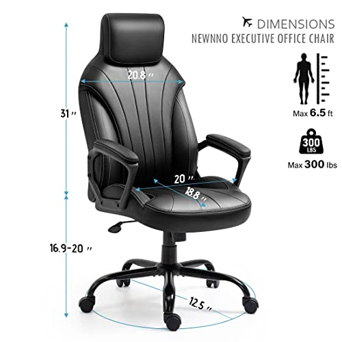 Newnno Office Chair Home Office Desk Chairs Executive And Managerial Chair High Back Comfortable Swivel Computer Chair With PU Leather Lumbar Support Wheels Padded Armrests (Black-2) 3 Newnno Office Chair Home Office Desk Chairs Executive And Managerial Chair High Back Comfortable Swivel Computer Chair With PU Leather Lumbar Support Wheels Padded Armrests (Black-2) - Image 3