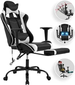 Vnewone Computer Gaming Chair Office PC Ergonomic Home Executive Desk Racing Rolling Swivel Task Adjustable High-Back PU Leather With Lumbar Support Footrest Headrest Armrest Massager, White 11 Vnewone Computer Gaming Chair Office PC Ergonomic Home Executive Desk Racing Rolling Swivel Task Adjustable High-Back PU Leather With Lumbar Support Footrest Headrest Armrest Massager, White -Amazon Basics Furniture Shop 41L gBdvnL. AC