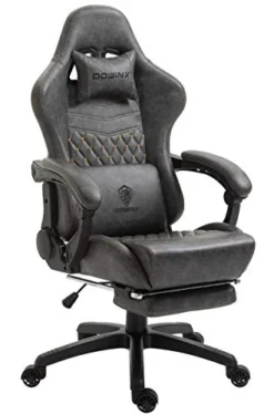 Dowinx Gaming Chair Office Chair PC Chair With Massage Lumbar Support, Vintage Style PU Leather High Back Adjustable Swivel Task Chair With Footrest (Light Grey)
