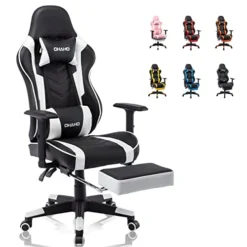 OHAHO Gaming Chair With Footrest Ergonomic Office Chair Adjustable Swivel Leather High Back Computer Desk Chair With Headrest And Lumbar Support (White)