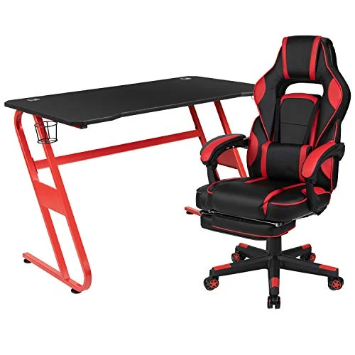 Flash Furniture Red Gaming Desk With Cup Holder/Headphone Hook & Red Reclining Back/Arms Gaming Chair With Footrest 1 Flash Furniture Red Gaming Desk With Cup Holder/Headphone Hook & Red Reclining Back/Arms Gaming Chair With Footrest