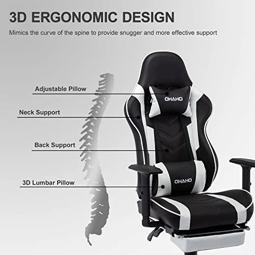 OHAHO Gaming Chair With Footrest Ergonomic Office Chair Adjustable Swivel Leather High Back Computer Desk Chair With Headrest And Lumbar Support (White) 5 OHAHO Gaming Chair With Footrest Ergonomic Office Chair Adjustable Swivel Leather High Back Computer Desk Chair With Headrest And Lumbar Support (White) - Image 5