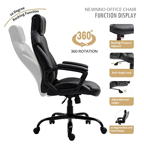 Newnno Office Chair Home Office Desk Chairs Executive And Managerial Chair High Back Comfortable Swivel Computer Chair With PU Leather Lumbar Support Wheels Padded Armrests (Black-2) 5 Newnno Office Chair Home Office Desk Chairs Executive And Managerial Chair High Back Comfortable Swivel Computer Chair With PU Leather Lumbar Support Wheels Padded Armrests (Black-2) - Image 5