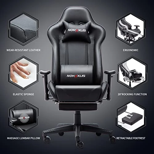 Nokaxus Gaming Chair Large Size High-back Ergonomic Racing Seat With Massager Lumbar Support And Retractible Footrest PU Leather 90-180 Degree Adjustment Of Backrest Thickening Sponges (YK-6008-BLACK) 4 Nokaxus Gaming Chair Large Size High-back Ergonomic Racing Seat With Massager Lumbar Support And Retractible Footrest PU Leather 90-180 Degree Adjustment Of Backrest Thickening Sponges (YK-6008-BLACK) - Image 4
