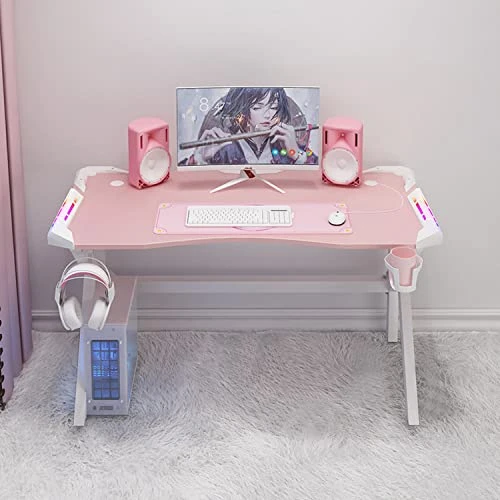 Haoo E-sports Game Table, Girl Pink Home Ergonomic Modern Minimalist Style Notebook Computer Study Table, Home Table, Large Monitor Stand Table (Pink K Leg With RGB Light,60 * 80) 2 Haoo E-sports Game Table, Girl Pink Home Ergonomic Modern Minimalist Style Notebook Computer Study Table, Home Table, Large Monitor Stand Table (Pink K Leg With RGB Light,60 * 80) - Image 2