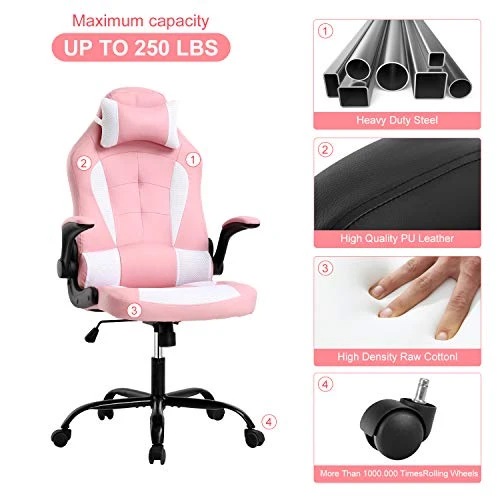Pink Gaming Chair For Adults Ergonomic Computer Chair W/Flip Up Armrest & Lumbar Support Adjustable Office Gamer Chair 360° Swivel Seat And Headrest 4 Pink Gaming Chair For Adults Ergonomic Computer Chair W/Flip Up Armrest & Lumbar Support Adjustable Office Gamer Chair 360° Swivel Seat And Headrest - Image 4