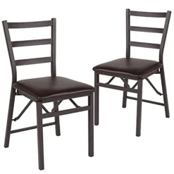 EMMA + OLIVER 2 Pack Ladder Back Metal Folding Chair With Brown Vinyl Seat