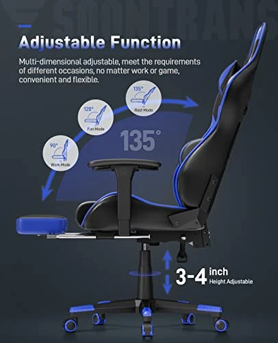 Soontrans Blue Gaming Chair With Footrest, Leather Ergonomic Gaming Chairs For Adults With Massage Lumbar Support & Headrest For Office Work, Height Adjustable Gamer Chair, Comfortable Computer Chair 5 Soontrans Blue Gaming Chair With Footrest, Leather Ergonomic Gaming Chairs For Adults With Massage Lumbar Support & Headrest For Office Work, Height Adjustable Gamer Chair, Comfortable Computer Chair - Image 5