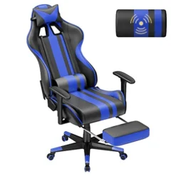 Soontrans Blue Gaming Chair With Footrest, Leather Ergonomic Gaming Chairs For Adults With Massage Lumbar Support & Headrest For Office Work, Height Adjustable Gamer Chair, Comfortable Computer Chair