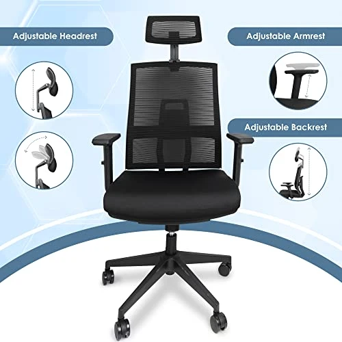 High Back Office Chair - Rolling Ergonomic Desk Chair With Wheels & Headrest, Adjustable Breathable Mesh Backrest - Provides Back & Lumbar Support - Suitable For Work, Study, Gaming 3 High Back Office Chair - Rolling Ergonomic Desk Chair With Wheels & Headrest, Adjustable Breathable Mesh Backrest - Provides Back & Lumbar Support - Suitable For Work, Study, Gaming - Image 3