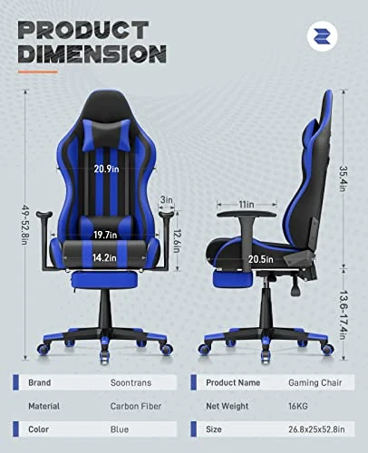 Soontrans Blue Gaming Chair,Comfortable Office Chair,Computer Gaming Chair,Recliner Gaming Chair With Adjustable Armrest Headrest And Lumbar Pillow Support (Blue) 2 Soontrans Blue Gaming Chair,Comfortable Office Chair,Computer Gaming Chair,Recliner Gaming Chair With Adjustable Armrest Headrest And Lumbar Pillow Support (Blue) - Image 2