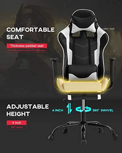 Vnewone Computer Gaming Chair Office PC Ergonomic Home Executive Desk Racing Rolling Swivel Task Adjustable High-Back PU Leather With Lumbar Support Footrest Headrest Armrest Massager, White 3 Vnewone Computer Gaming Chair Office PC Ergonomic Home Executive Desk Racing Rolling Swivel Task Adjustable High-Back PU Leather With Lumbar Support Footrest Headrest Armrest Massager, White - Image 3