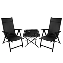 TechCare 2 Heavy Duty Durable Adjustable Reclining Folding Chairs + 1 Folding Side Table Outdoor Indoor Garden Pool Black