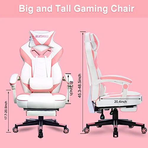 HEADMALL Pink Gaming Chair With Footrest Ergonomic Oversized Manufactured By Listed Company,Video Game Chairs With Lumbar And Head Pillow, For Adults Teens Secret Lab Pink&White 3 HEADMALL Pink Gaming Chair With Footrest Ergonomic Oversized Manufactured By Listed Company,Video Game Chairs With Lumbar And Head Pillow, For Adults Teens Secret Lab Pink&White - Image 3