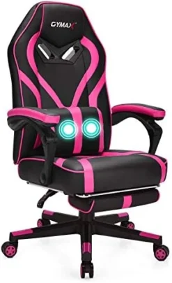 GYMAX Gaming Chair Office Chair, Adjustable Swivel Racing Style Computer Chair With Massage Lumbar Support, Headrest Armrest & Retractable Footrest, Video Gaming Chair For Home Theatre (Pink) -Amazon Basics Furniture Shop 41kwNQwWpL. AC