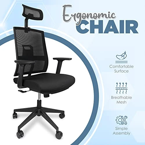 High Back Office Chair - Rolling Ergonomic Desk Chair With Wheels & Headrest, Adjustable Breathable Mesh Backrest - Provides Back & Lumbar Support - Suitable For Work, Study, Gaming 2 High Back Office Chair - Rolling Ergonomic Desk Chair With Wheels & Headrest, Adjustable Breathable Mesh Backrest - Provides Back & Lumbar Support - Suitable For Work, Study, Gaming - Image 2