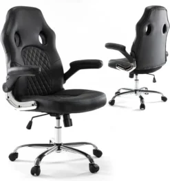 Gaming Chair, Home Office Computer Chair PU Leather Ergonomic Racing Desk Chair Adjustable Height Mid Back Executive Task Chair With Lumbar Support And Flip Up Armrest, Rocking Swivel Comfty Cushion