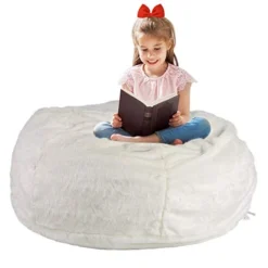 LUCKYERMORE 3FT Bean Bag Chair White Luxurious Furry Faux Fur Cover Soft Self-Inflated Beanbag Sofa Lounger For Adults Kids,Sponge Filling