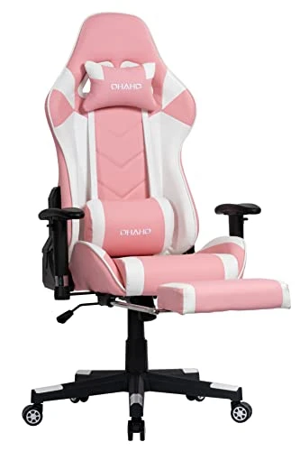 OHAHO Gaming Chair Racing Style Office Chair Adjustable Massage Lumbar Cushion Swivel Rocker Recliner Leather High Back Ergonomic Computer Desk Chair With Retractable Arms And Footrest (Pink/White) 1 OHAHO Gaming Chair Racing Style Office Chair Adjustable Massage Lumbar Cushion Swivel Rocker Recliner Leather High Back Ergonomic Computer Desk Chair With Retractable Arms And Footrest (Pink/White)