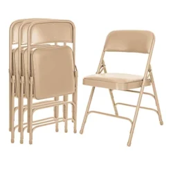 OEF Furnishings Premium Vinyl Upholstered Triple Brace Double Hinge Folding Chair, Beige