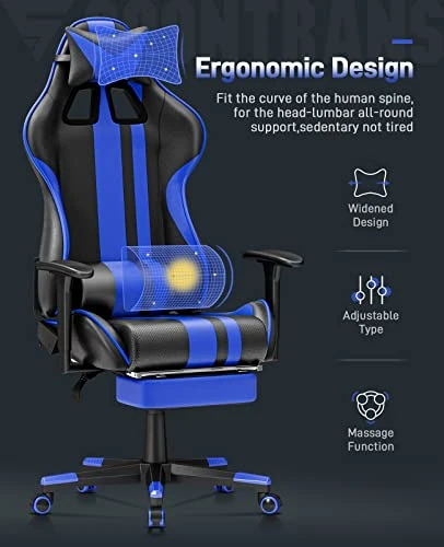Soontrans Blue Gaming Chair With Footrest, Leather Ergonomic Gaming Chairs For Adults With Massage Lumbar Support & Headrest For Office Work, Height Adjustable Gamer Chair, Comfortable Computer Chair 3 Soontrans Blue Gaming Chair With Footrest, Leather Ergonomic Gaming Chairs For Adults With Massage Lumbar Support & Headrest For Office Work, Height Adjustable Gamer Chair, Comfortable Computer Chair - Image 3