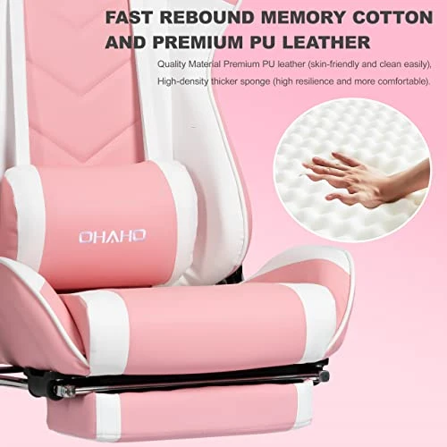 OHAHO Gaming Chair Racing Style Office Chair Adjustable Massage Lumbar Cushion Swivel Rocker Recliner Leather High Back Ergonomic Computer Desk Chair With Retractable Arms And Footrest (Pink/White) 3 OHAHO Gaming Chair Racing Style Office Chair Adjustable Massage Lumbar Cushion Swivel Rocker Recliner Leather High Back Ergonomic Computer Desk Chair With Retractable Arms And Footrest (Pink/White) - Image 3