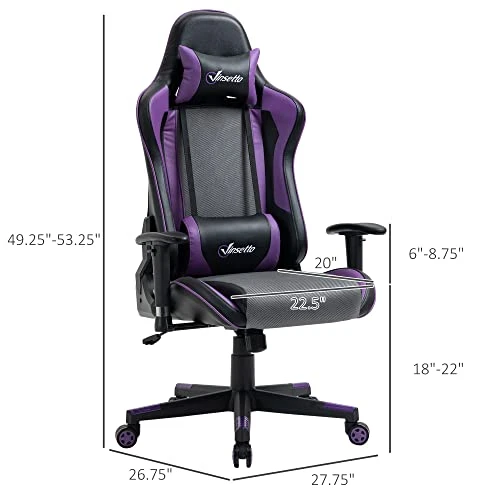 Vinsetto Gaming Chair Racing Style Ergonomic Office Chair High Back Computer Desk Chair Adjustable Height Swivel Recliner With Headrest And Lumbar Support, Purple 3 Vinsetto Gaming Chair Racing Style Ergonomic Office Chair High Back Computer Desk Chair Adjustable Height Swivel Recliner With Headrest And Lumbar Support, Purple - Image 3
