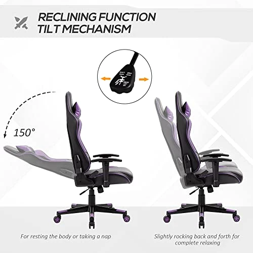 Vinsetto Gaming Chair Racing Style Ergonomic Office Chair High Back Computer Desk Chair Adjustable Height Swivel Recliner With Headrest And Lumbar Support, Purple 5 Vinsetto Gaming Chair Racing Style Ergonomic Office Chair High Back Computer Desk Chair Adjustable Height Swivel Recliner With Headrest And Lumbar Support, Purple - Image 5