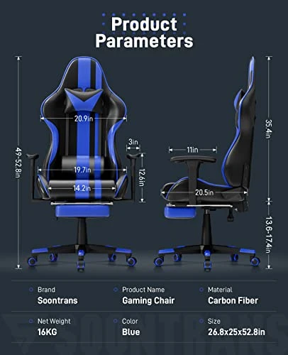 Soontrans Blue Gaming Chair With Footrest, Leather Ergonomic Gaming Chairs For Adults With Massage Lumbar Support & Headrest For Office Work, Height Adjustable Gamer Chair, Comfortable Computer Chair 6 Soontrans Blue Gaming Chair With Footrest, Leather Ergonomic Gaming Chairs For Adults With Massage Lumbar Support & Headrest For Office Work, Height Adjustable Gamer Chair, Comfortable Computer Chair - Image 6