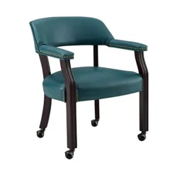 BOWERY HILL Captain's Poker Game Arm Chair With Casters In Teal Vinyl