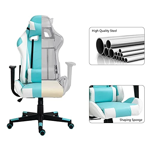 High-Back Swivel Gaming Chair Recliner With Lumbar Support And Headrest, Height Adjustable Ergonomic Office Desk Chair, Blue White 3 High-Back Swivel Gaming Chair Recliner With Lumbar Support And Headrest, Height Adjustable Ergonomic Office Desk Chair, Blue White - Image 3