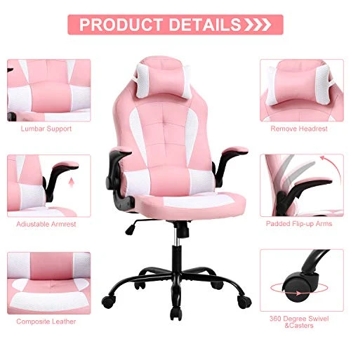 Pink Gaming Chair For Adults Ergonomic Computer Chair W/Flip Up Armrest & Lumbar Support Adjustable Office Gamer Chair 360° Swivel Seat And Headrest 2 Pink Gaming Chair For Adults Ergonomic Computer Chair W/Flip Up Armrest & Lumbar Support Adjustable Office Gamer Chair 360° Swivel Seat And Headrest - Image 2