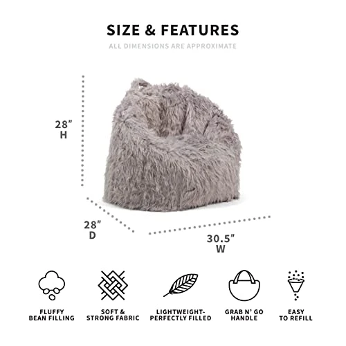 Big Joe Milano Bean Bag Chair, Gray Shag Fur, 2.5ft 3 Big Joe Milano Bean Bag Chair, Gray Shag Fur, 2.5ft - Image 3