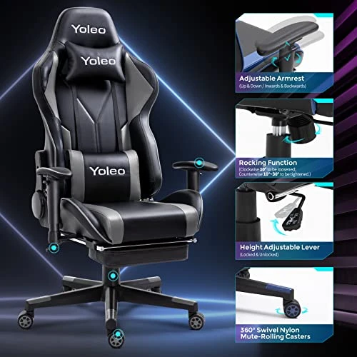 YOLEO Gaming Chair, Computer Chair With Footrest, Ergonomic Office Chair For Adults Teens, Adjustable Headrest/Lumbar Support 2D Armrest 90°-155° Tilt Angle PC Gaming Chair (300lbs), Grey/Black 5 YOLEO Gaming Chair, Computer Chair With Footrest, Ergonomic Office Chair For Adults Teens, Adjustable Headrest/Lumbar Support 2D Armrest 90°-155° Tilt Angle PC Gaming Chair (300lbs), Grey/Black - Image 5